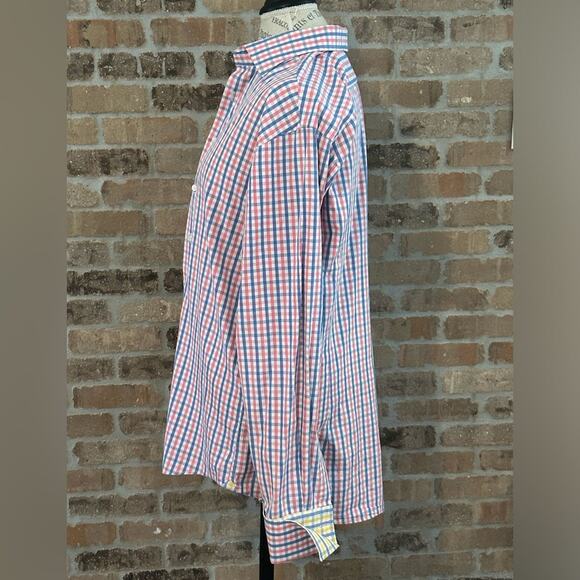Duncan Quinn $600 striped check pink blue French cuff button down shirt sz 17.5 - Picture 6 of 9